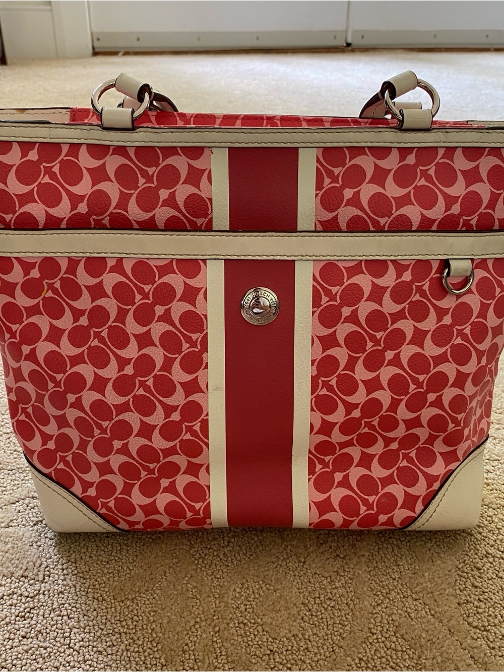 Coach Pink Signature Tote Shoulder Bag PVC Leather Trim Double Handle Monogram